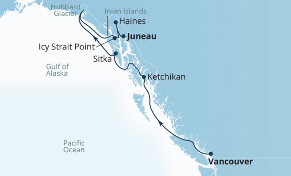 Map showing a cruise route starting from Vancouver and traveling through Ketchikan, Sitka, Icy Strait Point, Juneau, Haines, Inian Islands, and ending at Hubbard Glacier.